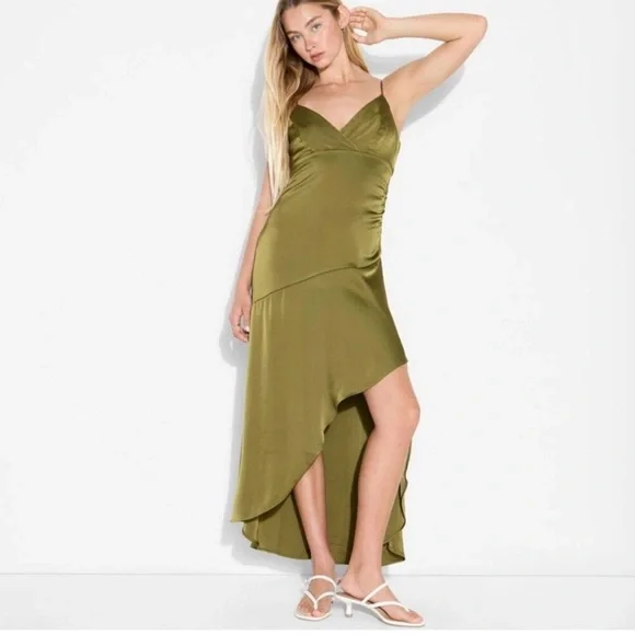 NWT New Fable Women's Satin Asymmetrical A-Line Maxi Dress- Olive Green M - Picture 2 of 7
